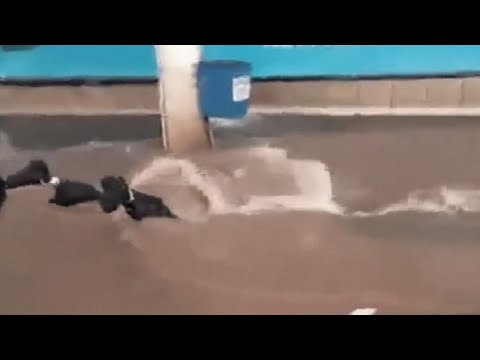 بالفيديو شاب يصارع الموت بعد أن جرفته مياه الفيضانات