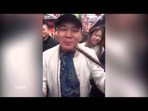 بالفيديو صيني يفتح شهيته ويأكل حشرة «أم أربعة وأربعين»
